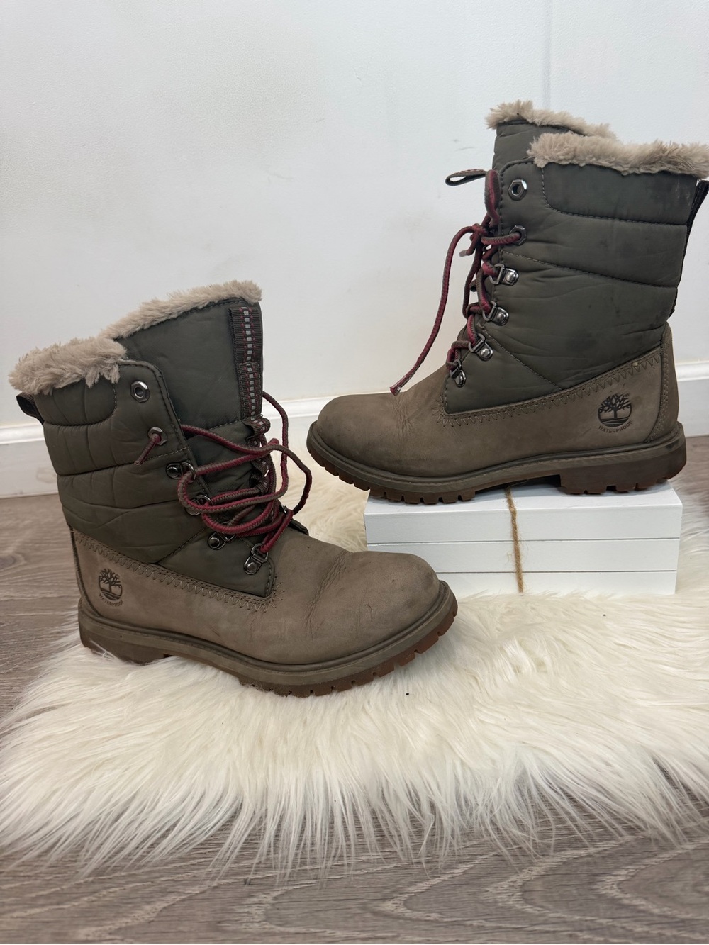 Timberland Olive Green and Brown Insulated Lace-Up Winter Boots